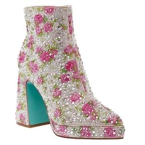 Betsey Johnson Della Pink Floral rhinestone Platform Boot with Teal Heel